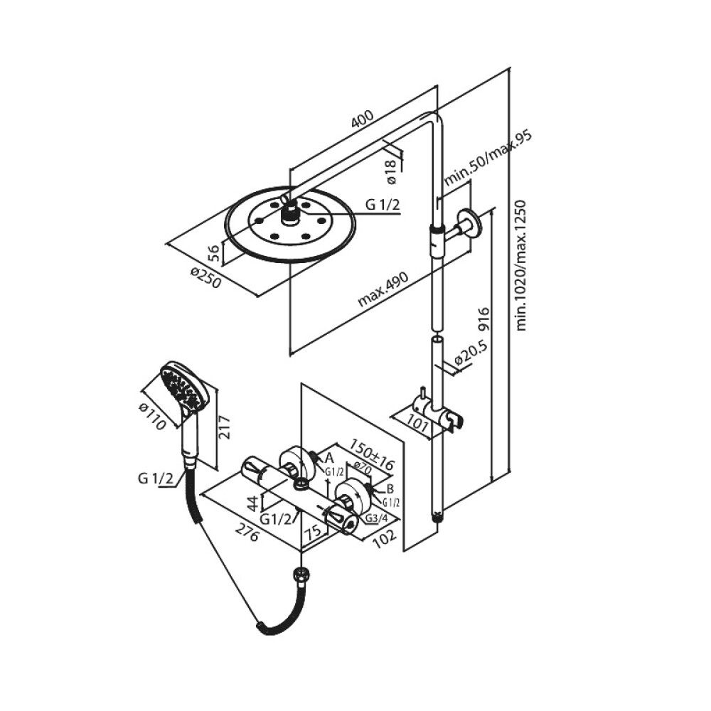 Suihkukokonaisuus Damixa Silhouet kiiltävä messinki