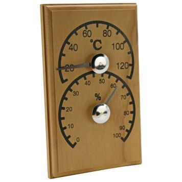 Perinteinen saunan tuplamittari.

Mittari mittaa saunan lämpötilaa ja kosteusprosenttia.

Tuplamittari on valmistettu lämpöpuusta.