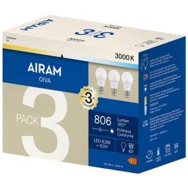 Vakiolamppu Airam LED E27 806 lm 3000 K 3 kpl
