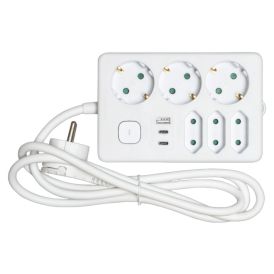 Jatkojohto Airam valkoinen 2 x USB-C/1 x USB-A 6-os 1,4 m