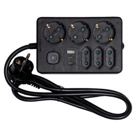 Jatkojohto Airam musta 2 x USB-C/1 x USB-A 6-os 1,4 m